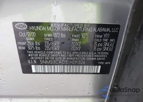 2020 Hyundai Santa Fe Sel from USA, damaged, VIN 5NMS3CAD3LH291326